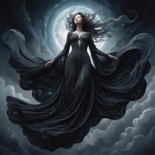 Prompt: painting of a spirit of darkness, descending from the sky, intricate long flowing gown, hyperdetailed by yoshitaka amano and Ekaterina Savic, fantasy art, celestial, ethereal, digital illustration, volumetric lighting
