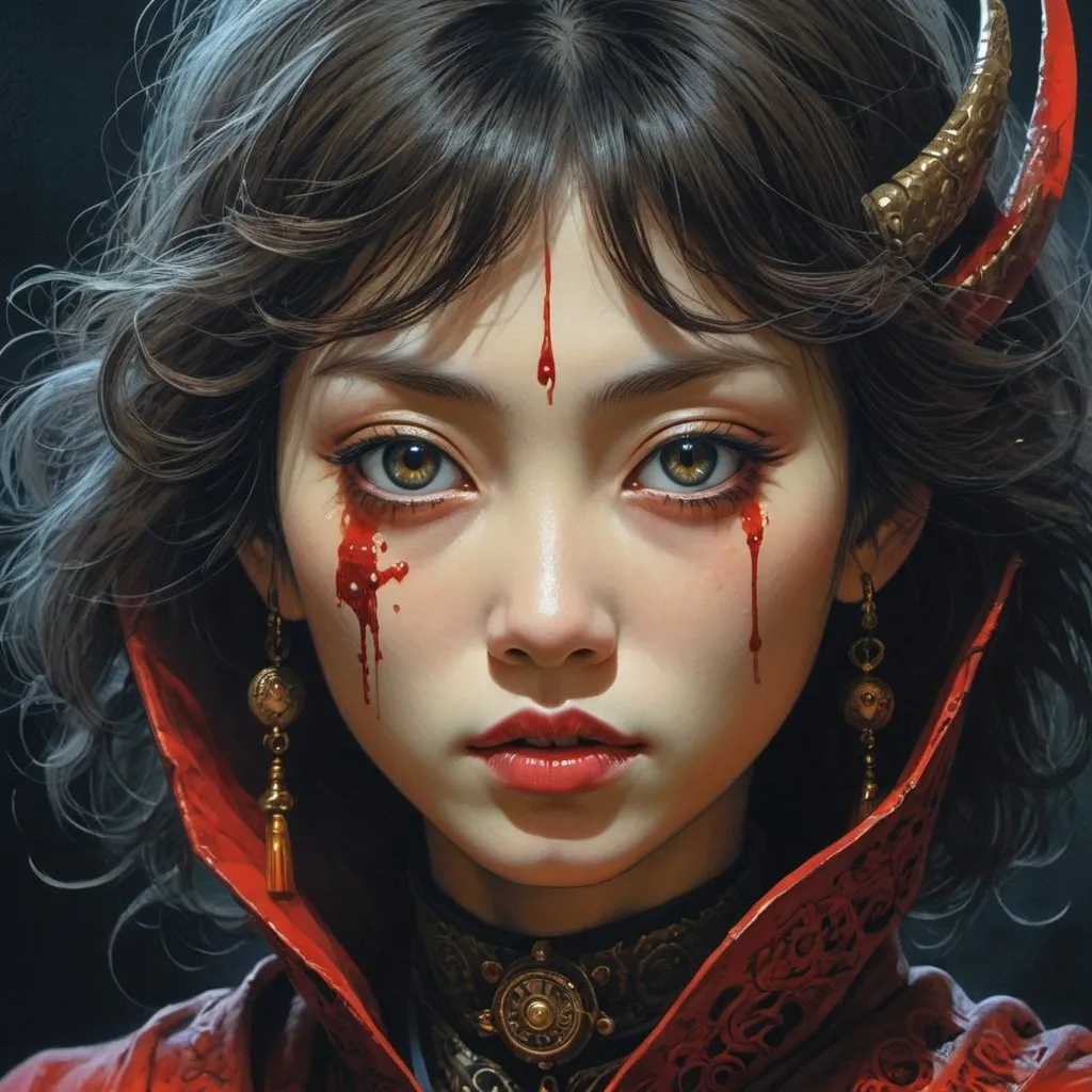 Prompt: japanese vampire girl, character portrait, portrait, close up, concept art, intricate details, highly detailed, eyes, yokai, blood, fangs, soft light, vintage sci - fi poster, in the style of chris foss, rodger dean, moebius, michael whelan, and gustave dore