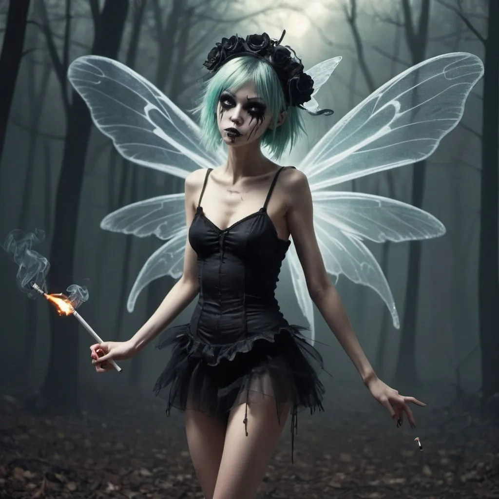 Prompt: psycho fairy that has killed several people after having a mental breakdown and smoking too much
