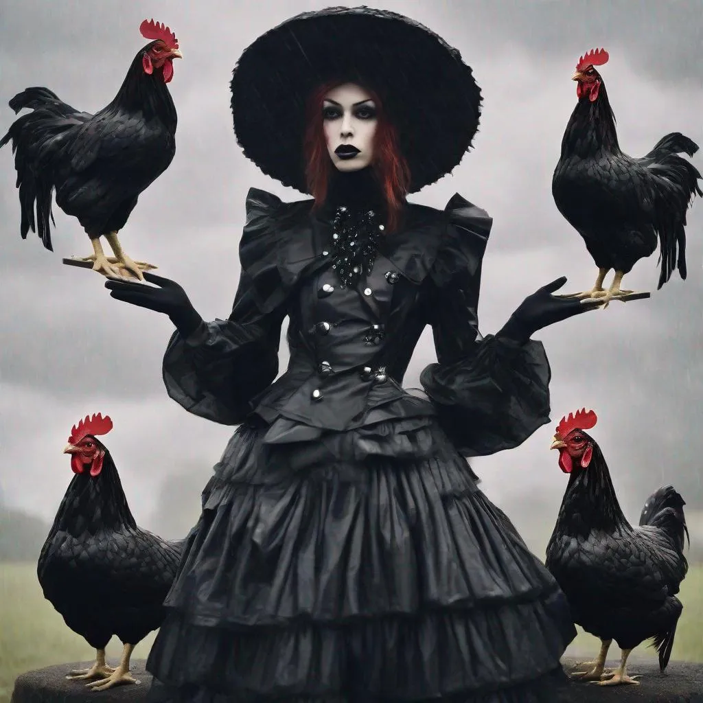 Prompt: goth metaphorical chicken haute couture on a gloomy rainy bumbershoot fashion set 