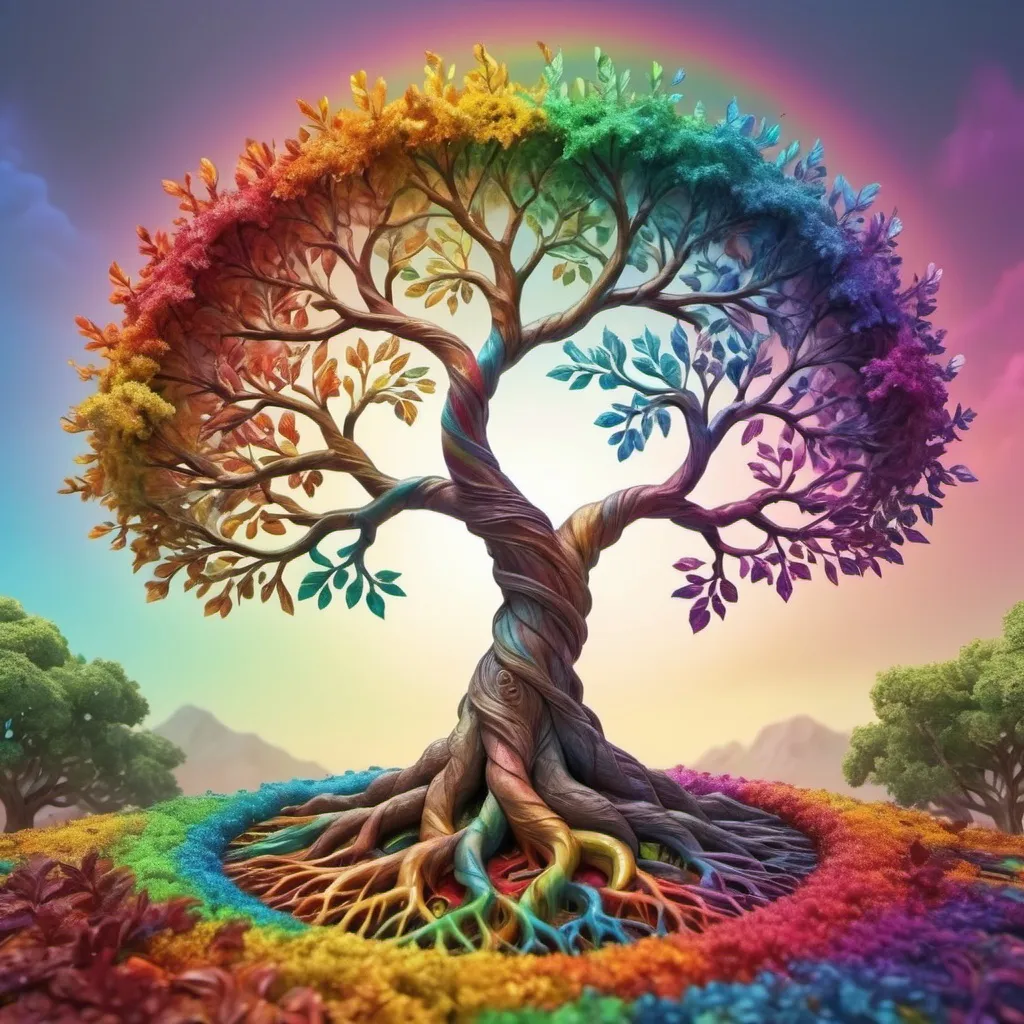 Prompt: colorful gnarled tree of life, spiral colors in the background, rainbow leaves, hyper-detailed, photorealistic 8k max