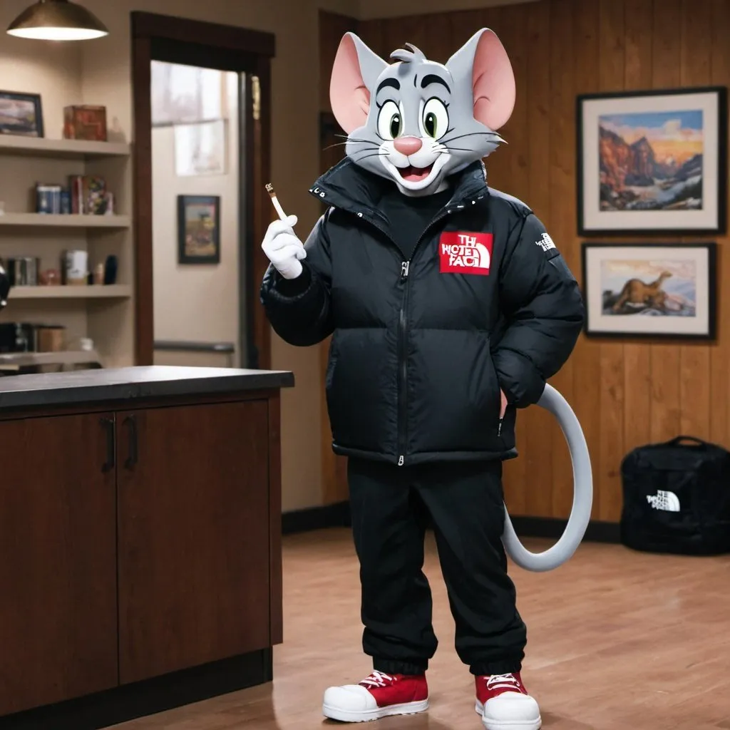 Prompt: Tom from the show "Tom and Jerry" wearing a black"The  North Face" jacket with black " The North Face" pants and smoking a blunt