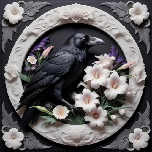 Prompt: One raven enclosed in a cameo, black, white, surrounded by cosmo flowers, gladiolus flowers, leaves,  gothic style