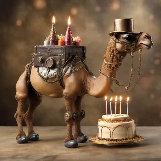 Prompt: Camel wearing a birthday hat blowing out candles on a birthday cake, extremely creative and unique, highly detailed and realistic, steampunk, inspired by Tim Holtz,  realistic happy birthday camel