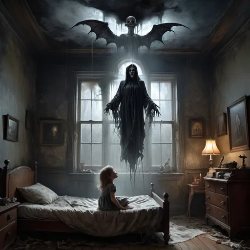 Prompt: a spooky ghostly demon horror apparition hanging from the ceiling, hovering mere inches above a sleeping child. old gothic abandoned home, light filtering in through dirty windows, cinematic poster art. epic, a masterpiece, detailed matte oil painting by Adi Granov and Karol Bak
