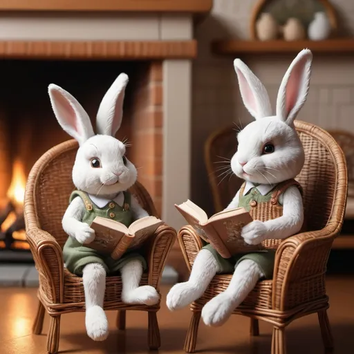 Prompt: two cute anthropomorphic rabbits sitting in wicker chairs by the fireplace, cozy room, book illustration, children's book style, Beatrice Potter style, Miki Asai Macro photography, close-up, hyper detailed, trending on artstation, sharp focus, studio photo, intricate details, highly detailed, by greg rutkowski