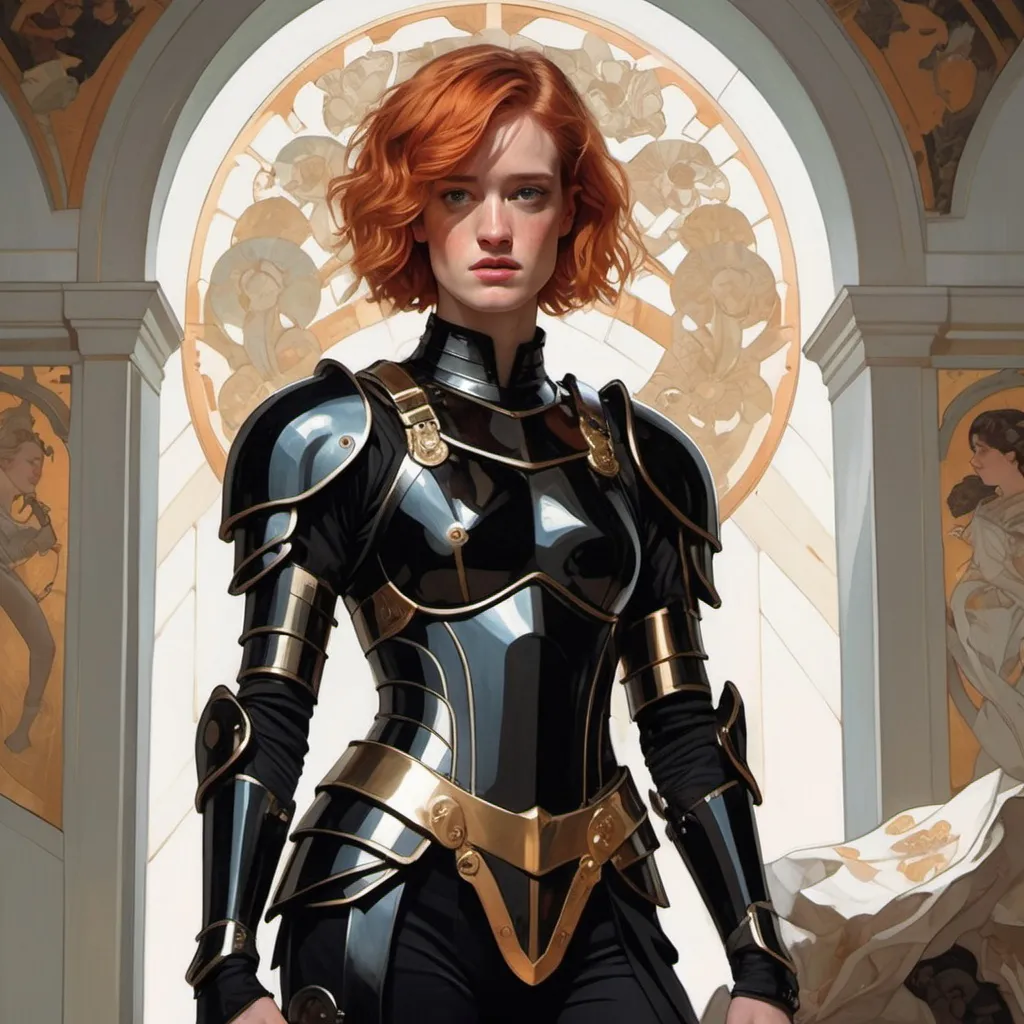 Prompt: redhead mackenzie davis actress wearing black armour with bare legs, mucha, hard shadows and strong rim light, art by jc leyendecker and atey ghailan and sachin teng
