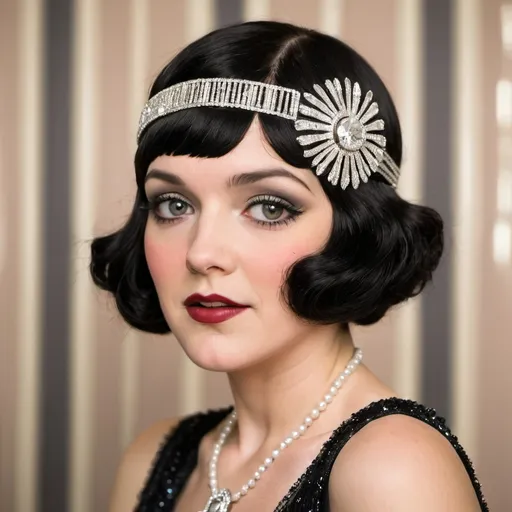 Prompt: Roaring twenties Flapper with a  diamond headpiece with black hair 
