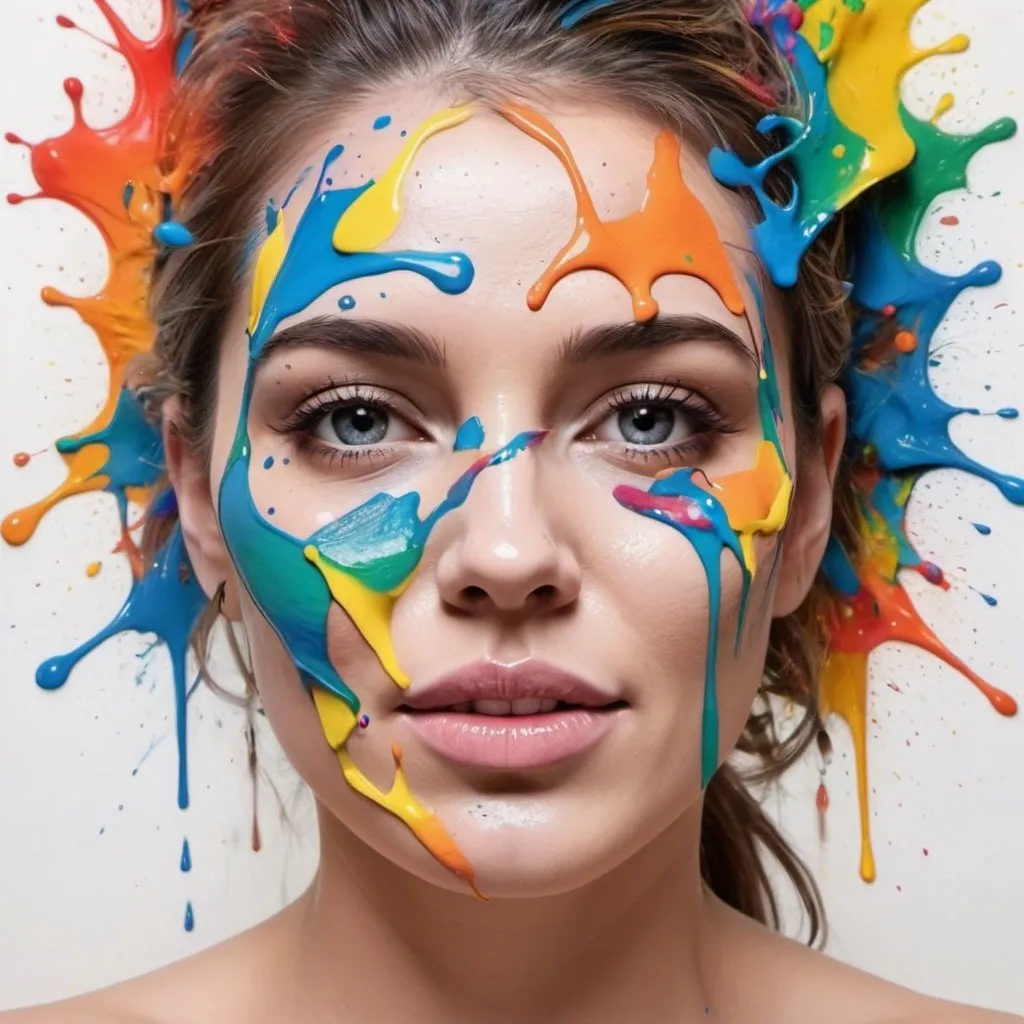 Prompt: 3D colorful painting of a woman's face made from paint splashes on a white background, and some women's faces around the big face the picture with a hyper realistic style.