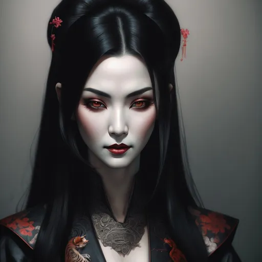 Prompt: analog style, analog style, analog style, analog style,
geisha kitsune, sensual,
long black hair, (looking into camera), 
dim smile, 
((perfect face)),
tatoo, perfect arms,
wearing black delicate dress, 


full shot, 
symmetrical, 
ultra-high detail, 
rich colors, 
shade,  gothic,

by artgerm, 
h. r. giger and beksinski,
Unreal 5, 
hyperrealistic, 

fantasy art, Watercolor, trending on artstation, sharp focus, (studio photo), intricate details, highly detailed, (soft light), fade