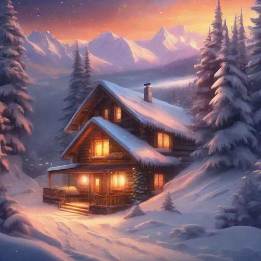 Prompt: Romantic winter landscape with snow, snowy forest, cozy cabin, warm glowing lights, snow-covered mountains, vibrant sunset, high quality, realistic, winter scenery, detailed snowflakes, peaceful atmosphere, professional, 1000x800 pixels, snowy landscape, cozy cabin, warm lighting, vibrant sunset, detailed snow, realistic, romantic atmosphere
On the picture will be inscription "Veselé vianoce a šťastný nový rok
Mária"
