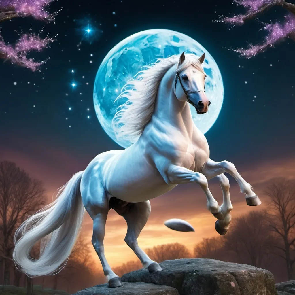 Prompt: Elegant stallion that is designed like a wizard. Wizard and magician styles in stallion design. Sparkling magic present. Fairytale wizard world environment. Moonrise. Fantasy. Highly detailed painting. Magical atmosphere. 8k. HDR.