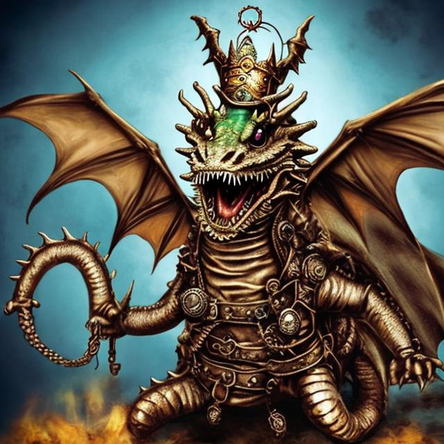 Prompt: Dragons magical Startled Steampunk 12th Century court Jester dragon with king accoutrements humorously reacts with a startled scream