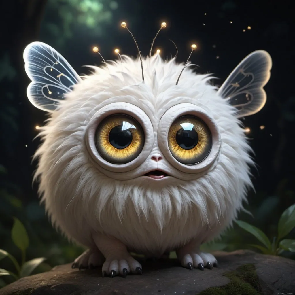 Prompt: White round furry ball creature, with huge round eyes, triangular ears, a puffy tail, with huge wings, with fireflies all around, in hyper realistic sharp photographic quality, trending on artstation, sharp focus, studio photo, intricate details, highly detailed, by greg rutkowski