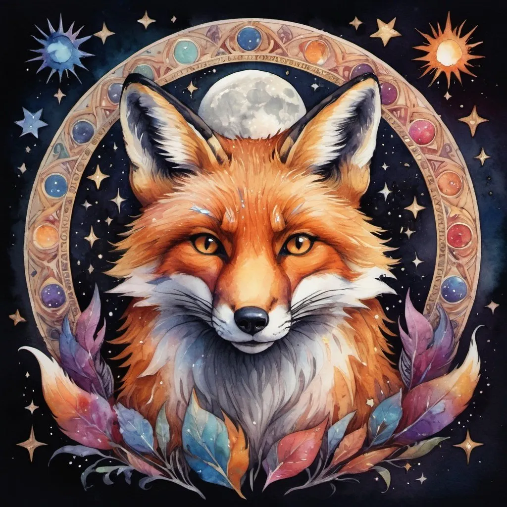 Prompt: mandala effect, fox, a lot of stars, universe, colorful, moon, night, strong color, shamanic, magic, mystic, , Watercolor, trending on artstation, sharp focus, studio photo, intricate details, highly detailed, by greg rutkowski