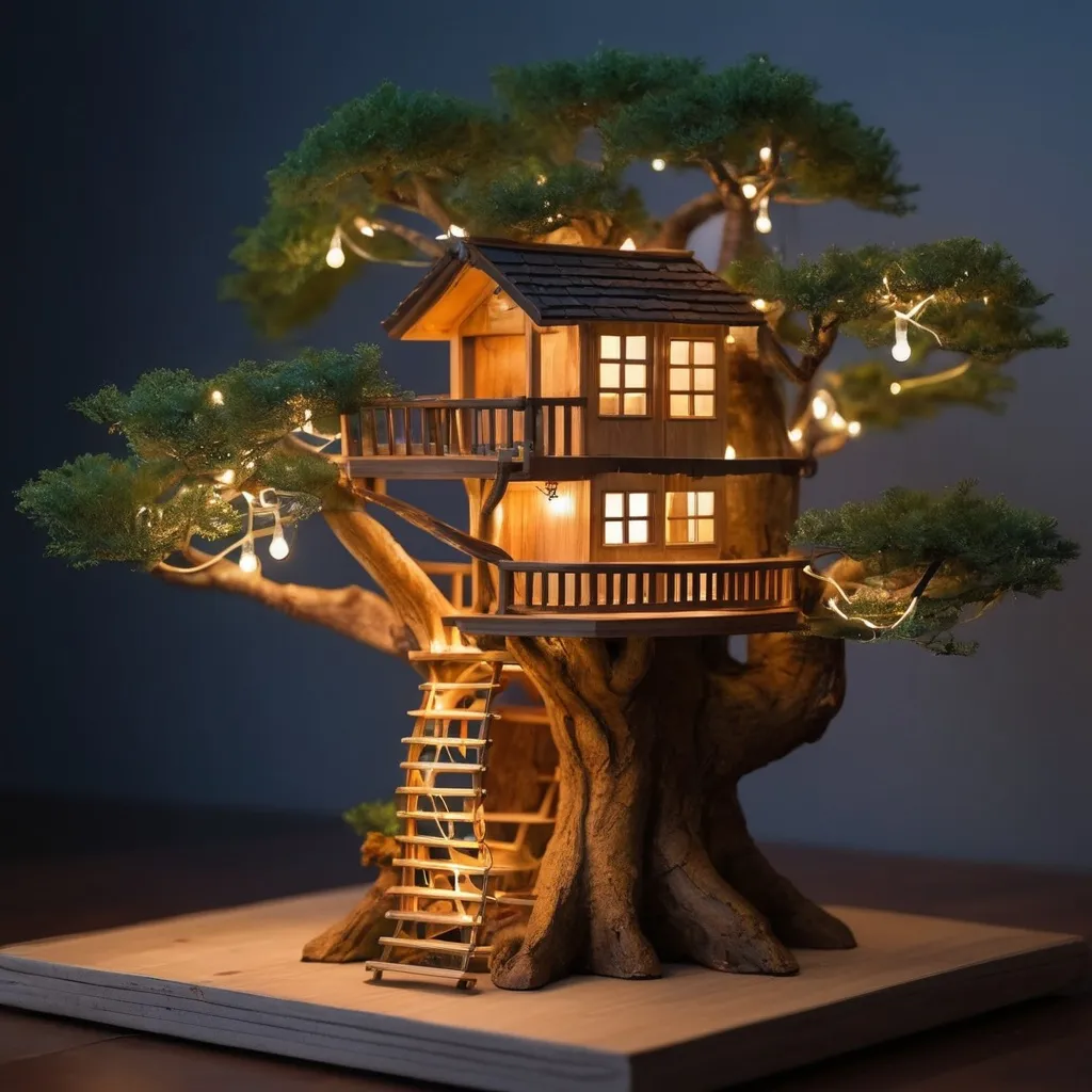 Prompt:  Bonsai with a wooden tree house with string lights at night
