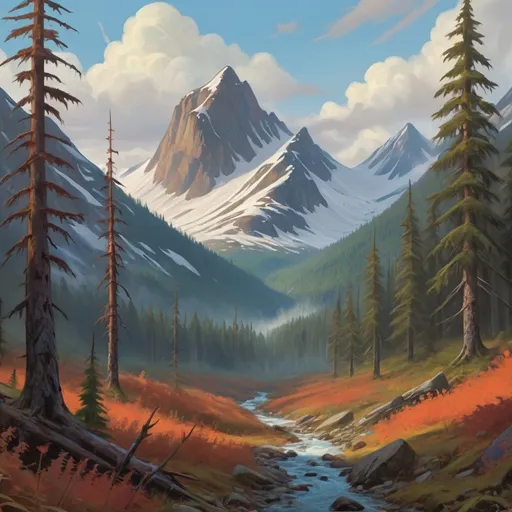 Prompt: taiga landscape, mountains, northern forest, artistic, magic the gathering art style