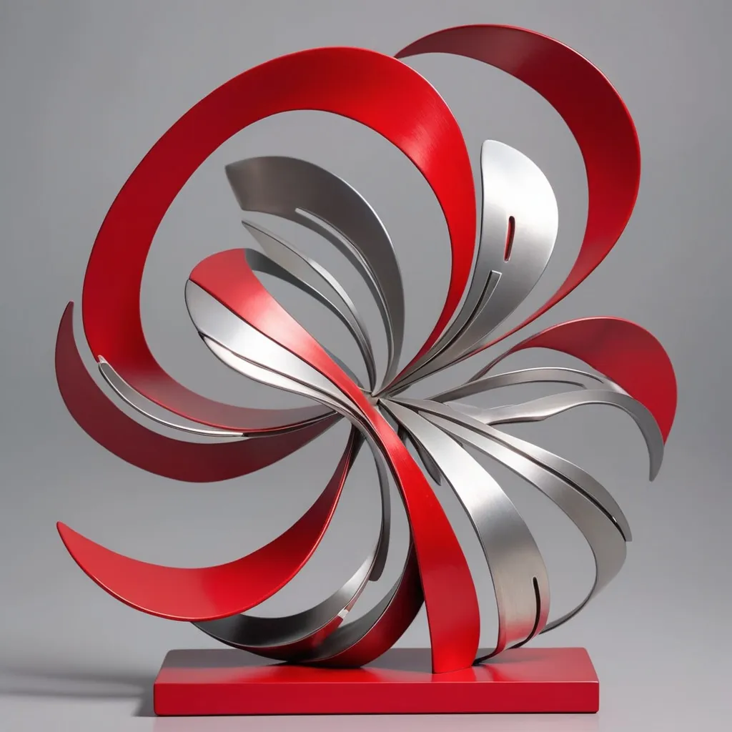 Prompt: abstract metal  tabletop sculpture, red and silver, bright solid colored background