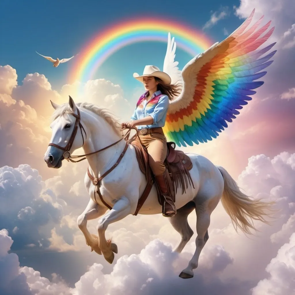 Prompt: Divine cowgirl riding a pegasus with rainbow wings through the sky, 8k resolution, beautiful, magnificent, elegant, colorful, ethereal, radiant, cinematic, fantastical, auroracore