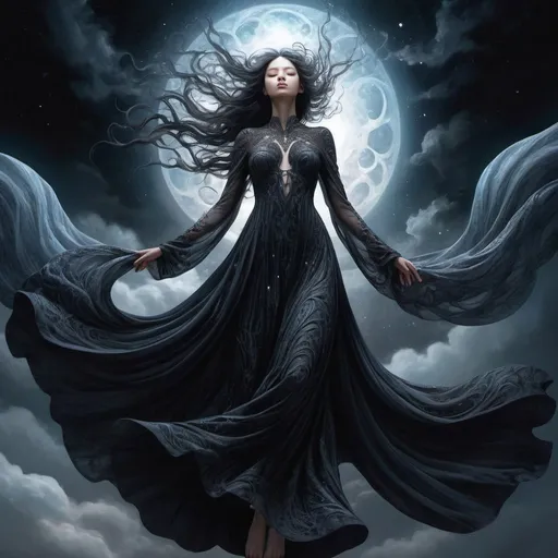 Prompt: painting of a spirit of darkness, descending from the sky, intricate long flowing gown, hyperdetailed by yoshitaka amano and Ekaterina Savic, fantasy art, celestial, ethereal, digital illustration, volumetric lighting