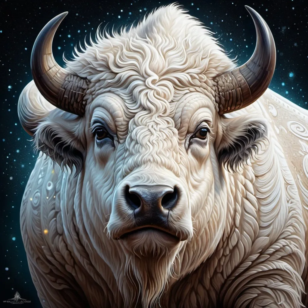 Prompt: art by  todd lockwood 

ultra highly detailed, detailed 
 White Bison


Shimmering
swirling glitter,  digital painting, highly detailed, filigree, intricated, intricated pose, clarity, high quality, centered, symmetry, painted, intricate, volumetric lighting, beautiful, rich deep colors masterpiece, sharp focus, ultra detailed, in the style of dan mumford and marc simonetti, astrophotography