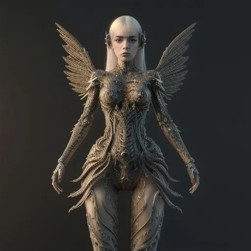 Prompt: full view, full body view, ethereal techno fantasy inspired by grimes, smooth soft skin, detailed eyes, techno clothing, fantasy clothing, ethereal, futurism, perfect composition, detailed face, intricate, mechanical wings, detailed gown, realistic concept art, digital, rich 3d render, hyper-realistic, cinema 4D render, unreal engine 5,  perfect anatomy, 
art station, sharp focus, 8k, sf, intricate artwork masterpiece, ominous, intricate, epic, highly detailed, vibrant, production cinematic character render, ultra high quality model, sf, sf, intricate artwork masterpiece, golden ratio