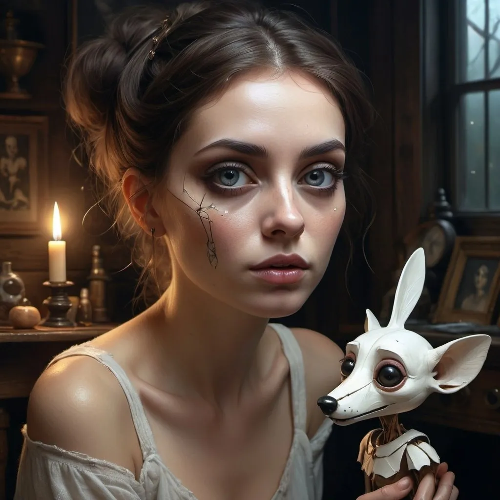 Prompt: Ultra detailed digital art masterpiece, face portrait, mysterious fairy white woman with a cute realistic pinocchio wood puppet next to her, perfect pinocchio, dark oak colored wood table with wood working tools, scarry background, marble reflection, Tom Bagshaw, Anne Bachelier, mixed with dark elements, dark environment, very dark night , clean dark velour fairy clothing , no make up, natural face, nose piercing, abstract , big shiny eyes, ultra detailed atmospheric details, beautiful glowing effects , sparkle effects , realistic body proportions , beautiful face proportions, complex masterpiece, wild hair style, creative glowing detailed tattoos, complex physics, enhanced colors, complimentary colors, ultra detailed raytracing reflections, Ultra detailed complex background, environment feels alive, direct eye contact, by BoneAge🦴