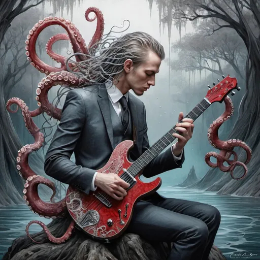 Prompt: art by cameron gray
 karol bak, Seb McKinnon,   
ultra highly detailed, detailed 
digital painting, highly detailed, intricated, intricated pose, clarity, high quality

"The octopus explain tentacles, playing guitar, grey/red, deep sea, weeping willow on the bank, intricately detailed, hyperdetailed, surreal, flowing acrylic  :: fantastical watercolour calligraphy by WLOP"
