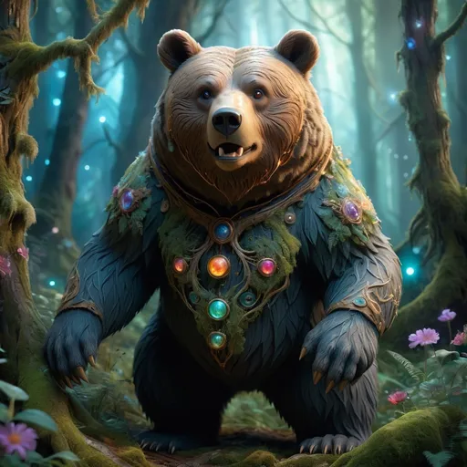 Prompt: This ultra-realistic, high-definition, expertly-cinematographed, computer-generated image features a detailed bear standing in an enchanted forest filled with mystical creatures. The telepathic riders, dressed in ethereal garments, silently communicate as pulsing orbs fill the sky and swirling, translucent textures create a surreal and fantastical atmosphere. The atmospheric haze and soft ethereal lighting add to the enchanting mood, while the intricate creature designs, swirling translucent material, and thick liquid create a mesmerizing texture. The image quality is crisp, sharp, and highly-detailed, with vibrant colors and soft, luminescent lighting. This fantastical and otherworldly scene was created using a digital pen to produce a stunning work of computer-generated imagery.  ,UHD,HDR10,16