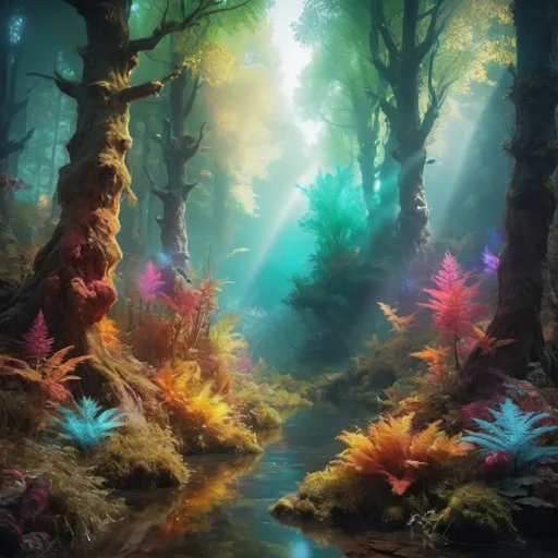 Prompt: Create colorful forest mirage of a mystical lands, magical creatures and unreachable treasures, dynamic details, Rembrandt lighting 