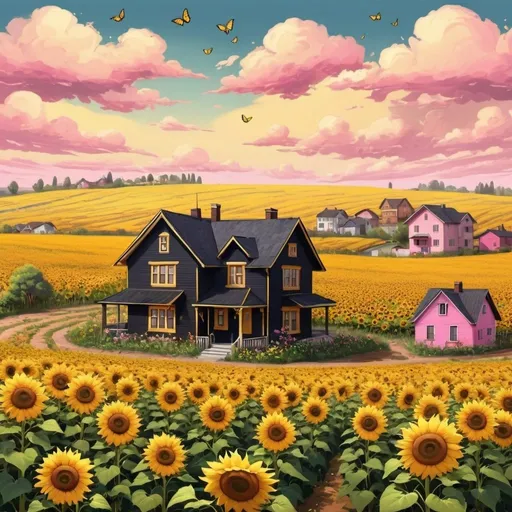 Prompt: A large field of sunflowers, hilly uneven land, flowers bloomed very large yellow color.  Right in the middle of the flower field is a black colored house, a cartoon style house.  Pink clouds are flying in the sky, imaginary, many birds are flying in the sky.  A little butterfly is sitting on a flower.
