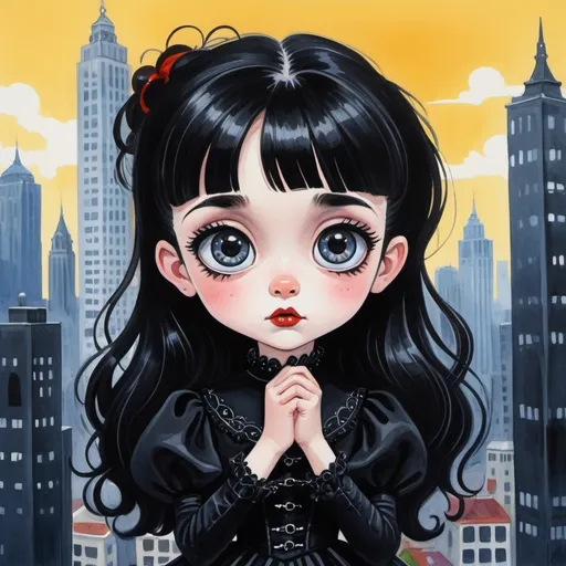 Prompt: Cuteness overload! Gouache painting, cutie pretty  dark anime, wearing gothic outfit, whole body, long hair, nice cute pose, melodrama. Mary Blair, Margaret Keane, Eric Carle, Charles Addams, Tim Burton. Insanely detailed melodramatic portrait  and pretty anime. Daytime. Vibrant bloodshot glass eyes, skyscrapers background.