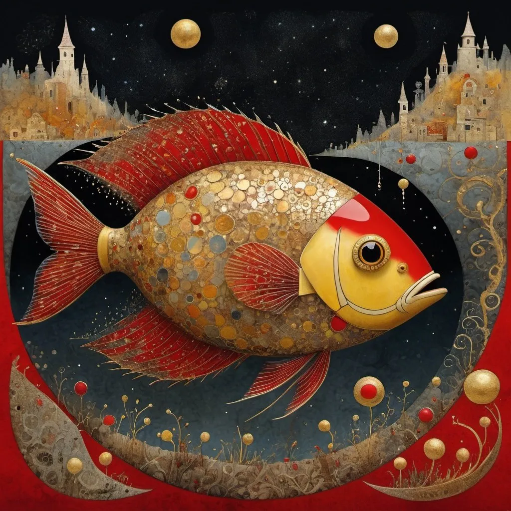 Prompt: Digital art,
red yellow gold, fantasy fish, way, path, ultra-detailed composition, floating objects, intricate details, patterns, incredible landscape incredible, unearthly view, starlight, gas aura, abstraction, magic, style by Scott Bergey, Schim Schimmel, Tim Burton