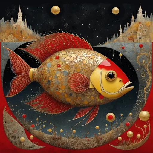 Prompt: Digital art,
red yellow gold, fantasy fish, way, path, ultra-detailed composition, floating objects, intricate details, patterns, incredible landscape incredible, unearthly view, starlight, gas aura, abstraction, magic, style by Scott Bergey, Schim Schimmel, Tim Burton
