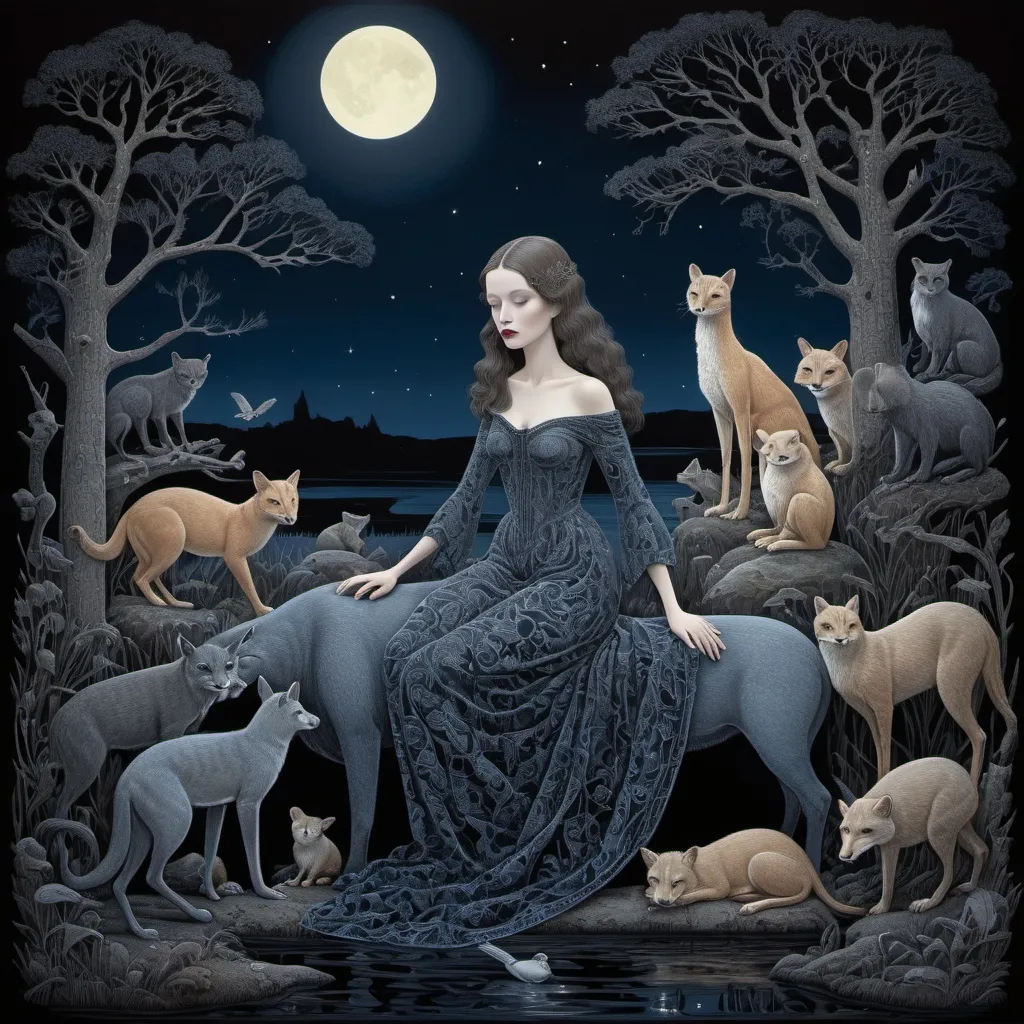 Prompt: She is a night girl with night animals style of Nicholas Hughes, Genevieve Godbout, Morris Hirshfield, Robert Gillmor, Amy Giacomelli. Extremely detailed, intricate, beautiful, 3d, high definition 