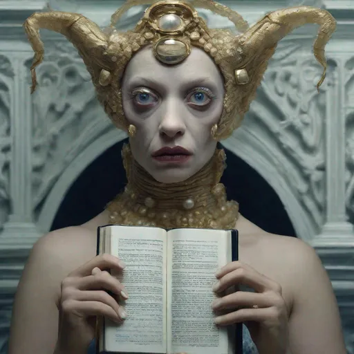 Prompt: photorealism, an anthropomorphic lady fishface hybrid creature holding a bible, extremely realistic, sharp details, shot by Steven Klein and Nan Goldin, intricately detailed background, photorealism, insanely detailed face, perfect pupils, expressive eyes, ambient lighting, intricately detailed location, HD, 8k