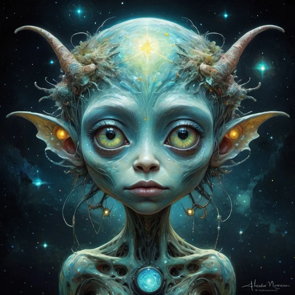 Prompt: Anthropomorphic cute monster Luminous alien girl, Details And Colors, The Universe Over Various Stars And Galaxies, Psychedelic , By Alexander Jansson Van Gogh. Pop Surrealism , 8k, Whimsical, Intricate. By Jean Baptiste Monge, Carne Griffiths, Ray Caesar, Dariusz Klimczak, surreal hallucinatory intricately detailed sharp focus