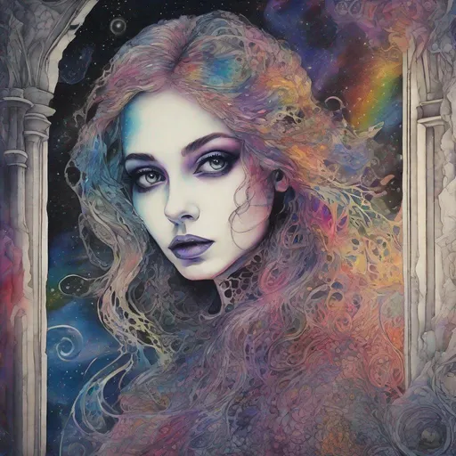 Prompt: a zentangle ferrotype portrait of In a gothic galaxy castle a vampire gazes through a window at the ethereal magic layers swirling in the vivid rainbow solar night in the style in the style of Rebeca Saray, Lin Fengmian, Anna dittmann, Justin Gaffrey, Michael Creese, Frank Cadogan Cowper, Yves Saint-Laurent, Thomas Edwin Mostyn, Hiro isono, James Wilson Morrice, Axel Scheffler, Gerhard Richter, pol Ledent. Encaustic paint and volumetric lighting. 