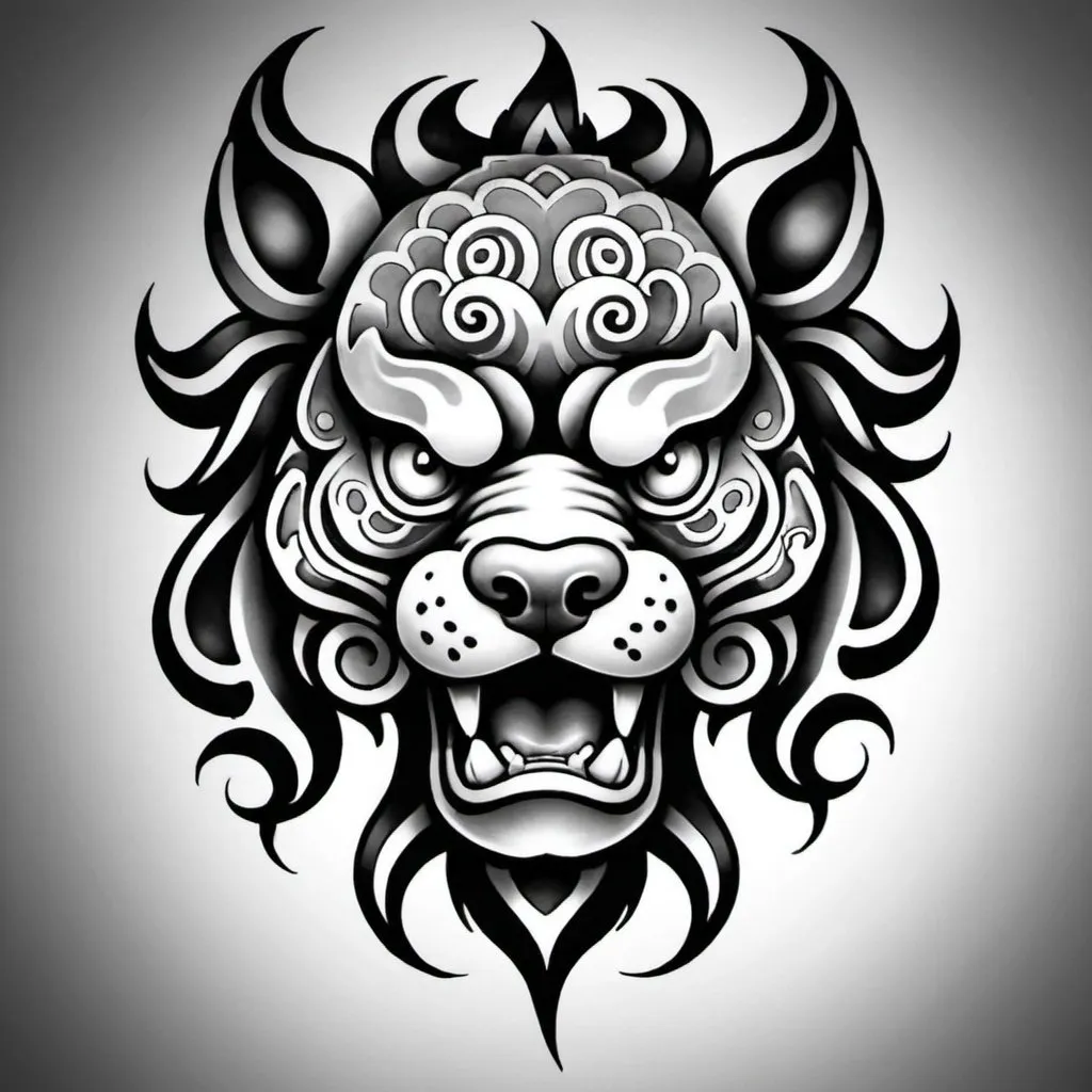 Prompt: black and white simple tribal tattoo of foo dog