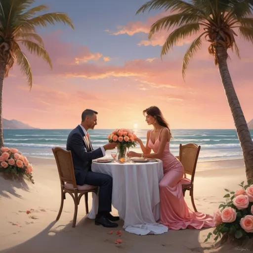 Prompt: Picture a lovely, enchanting evening by the ocean. A gentle breeze sways the palm trees, and the setting sun paints the sky with beautiful shades of pink and orange. On a secluded, softly lit beach, a man and a woman sit at a beautifully set table for two. The table is adorned with elegant tableware and a bouquet of fragrant roses. They are both dressed stylishly, with the man in a well-fitted suit and the woman in a flowing, elegant dress.



Illustrate this moment in a highly detailed digital painting. Pay attention to capturing the expressions of joy and affection on the faces of the couple, as well as the interplay of light and shadow in this picturesque beachside setting. The image should convey the timeless beauty of love and the enchantment of a perfect date night.