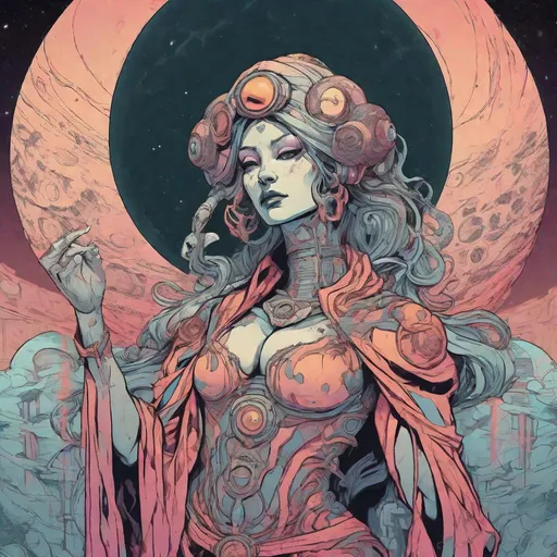 Prompt: moon deity in a female humanoid form. 
Science Fiction, Retrofuturism, Gore, Cosmic Horror, Fine inking, Clean linework, comic illustration, flat shading, Colour transitions, Maximalism, Beautifully illustrated forms, beautiful background scenery, Warm and cold colour mix, Triadic colour palette, Dark vibrancy, soft lighting, Complexity, Storytelling, Dynamic Poses, High quality, Sharp focus, Tight colour range, Full scene, Filmic, 