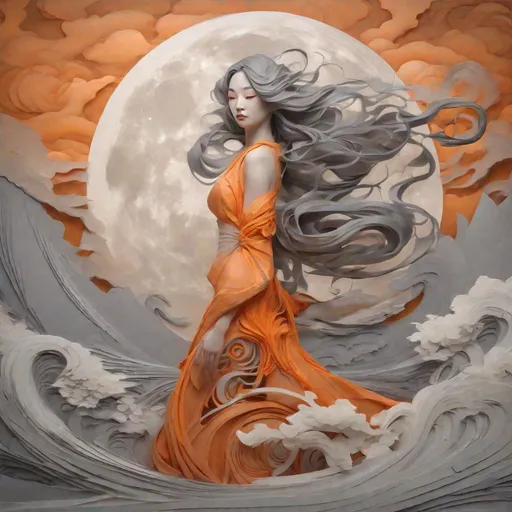 Prompt: A woman with long swirling hair standing in front of a full moon, artgerm and ben lo and mucha, orange clouds, female water elemental, lots of swirling, grey and orange, paper relief sculpture, inspired by Luo Mu, detailed dress and face, featured art, android mystic, painting of a woman in the style of paper art, 