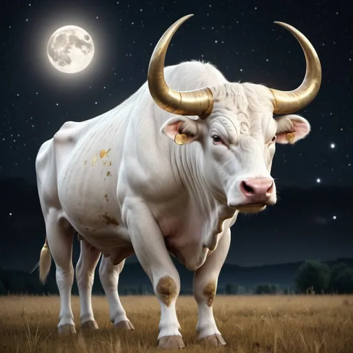 Prompt: The majestic white bull with golden horns from the constellation Taurus, background of a field and forest, the night sky and the moon, hyper detailed, 8k realistic