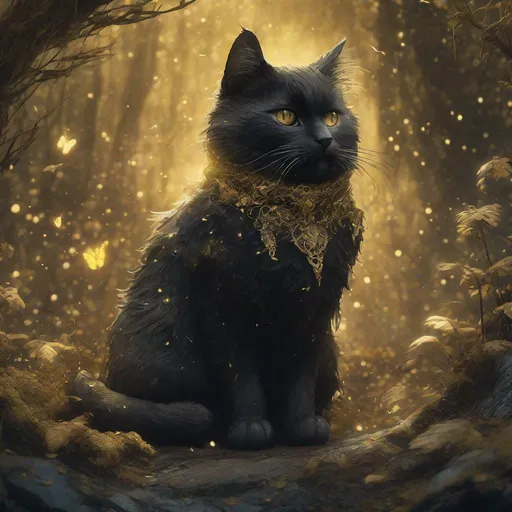 Prompt: An illustration of a small magical cute forest black gold cat,  magical gold dust in the air, intricate details, Jean-Baptiste Monge style, dramatic shooting angle, atmospheric particles, real, raw cinematic photorealism, action portrait, 8k, detailed, centered, full frame




