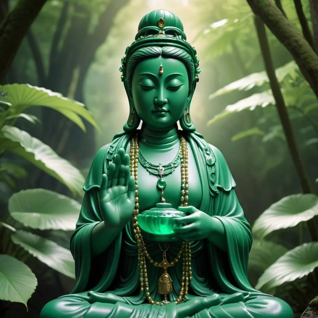 Prompt: Kwan Yin adorned with an emerald necklace, serene amidst a flourishing natural setting, captured in the style of a midjourney v6, emerald hues complementing the lush surroundings, ultra-realistic, Kodachrome aesthetic, high definition, 32k resolution.