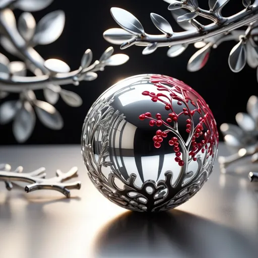 Prompt: Luxus Ornamental cut out silver Ball artistic decorated on cozy ambiente polished piano varnish table, berry branch, reflecting, high contrast, fir branch, chritmas, decoration, 3d, high end craftmansship, liquid structures, splash, reflexion, cinematic light, epic, intricate patterns, jewelery, digital art, wallpaper, octan render, 32k, hdr, studio photo, trending on pinterest