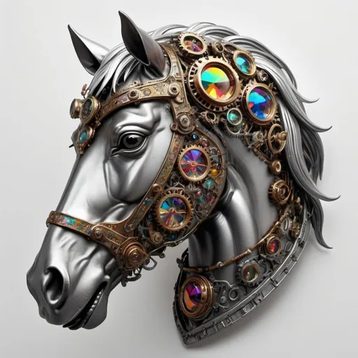 Prompt: Steampunk, ultra vivid, 
illuminated, rusty scum iridescent chrome, full of jewels intricate 3d metallic details medieval head of horse sticker, white background, 
contour, colorful, vector, HDR. 
, black and white still, digital Art, perfect composition, beautiful detailed intricate insanely detailed octane render trending on artstation, 8 k artistic photography, photorealistic concept art, soft natural volumetric cinematic perfect light, chiaroscuro, award - winning photograph, masterpiece, oil on canvas, raphael, caravaggio, greg rutkowski, beeple, beksinski, giger