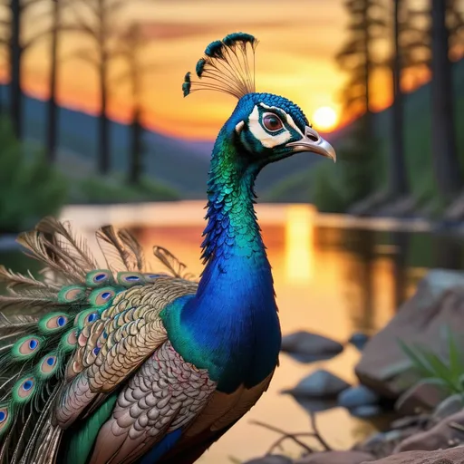 Prompt: HD,3D, Epic, Stunning, Vivid, Majestic, Extreme closeup of {Peacock with full Beautiful colorful plumage} standing by {river bank} in the backwoods of Colorado at sunset, Hazy, digital painting, uber detailed, 64k, high quality, sharp focus, studio photo, intricate details, highly detailed, Perfect viewpoint, highly detailed, wide-angle lens, hyper realistic, with dramatic night sky, polarizing filter, natural lighting, vivid colors, everything in sharp focus, HDR, UHD, --s98500