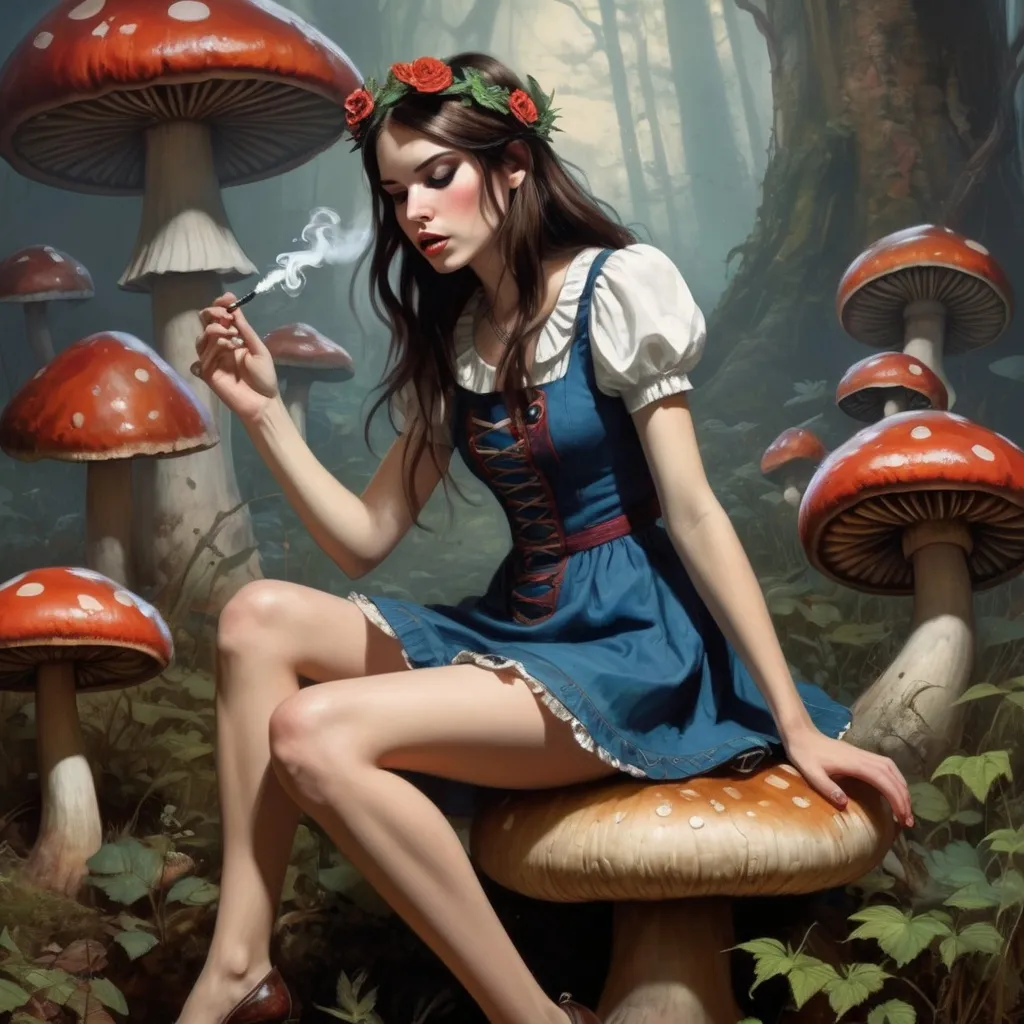 Prompt: ((realistic)) ((highly detailed)) ((Breathtaking beautiful attractive close-up full-body)) ((high-tripping ((in a smokey area)) Bohemian Disney Princess ((American Mcgee's Alice)) in Wonderland (((blowing smoke from her mouth))) sitting with leg dangle with one leg dangling off the ground sitting on a giant mushrooms growing)) ((pin-up art)) ((by Brian Kesinger)), ((by Android Jones)), ((by Alayna Lemmer)), ((by Hannah Yata)), ((by Charlie Bowater)), ((by Jimmy Lawlor)), ((by John William Waterhouse)), ((detailed background by Jeff Legg)), (wearing flower hair wreath) and (hemp and mini-dress) and ballet flats, Marijuana growing.