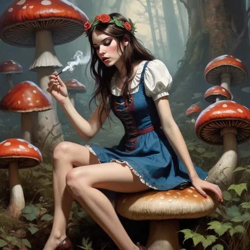 Prompt: ((realistic)) ((highly detailed)) ((Breathtaking beautiful attractive close-up full-body)) ((high-tripping ((in a smokey area)) Bohemian Disney Princess ((American Mcgee's Alice)) in Wonderland (((blowing smoke from her mouth))) sitting with leg dangle with one leg dangling off the ground sitting on a giant mushrooms growing)) ((pin-up art)) ((by Brian Kesinger)), ((by Android Jones)), ((by Alayna Lemmer)), ((by Hannah Yata)), ((by Charlie Bowater)), ((by Jimmy Lawlor)), ((by John William Waterhouse)), ((detailed background by Jeff Legg)), (wearing flower hair wreath) and (hemp and mini-dress) and ballet flats, Marijuana growing.